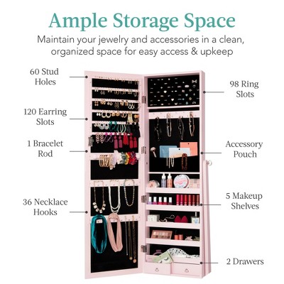 Dusty Pink Full-Length Mirror Jewelry Armoire with Velvet Lining