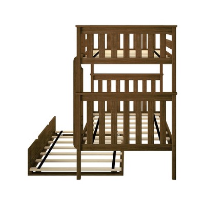 Walnut Twin Over Twin Bunk Bed with Trundle and Storage