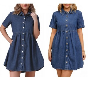 INSPIRE CHIC Women's Denim Short Sleeve Button Down Turndown Collar Babydoll Mini Shirt Dresses 2 Packs - 1 of 4