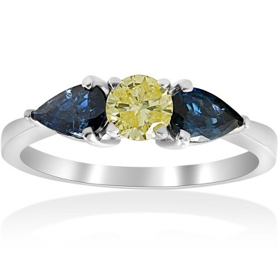 Pompeii3 1Ct Fancy Yellow Diamond Pear Shape Blue Sapphire Engagement Ring 14k Lab Created