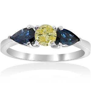 Pompeii3 1Ct Fancy Yellow Diamond Pear Shape Blue Sapphire Engagement Ring 14k Lab Created - 1 of 4