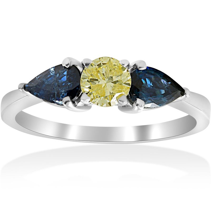 Pompeii3 1ct 3-Stone Yellow Diamond Pear Shape Blue Sapphire Engagement Ring 14k Gold, 1 of 5