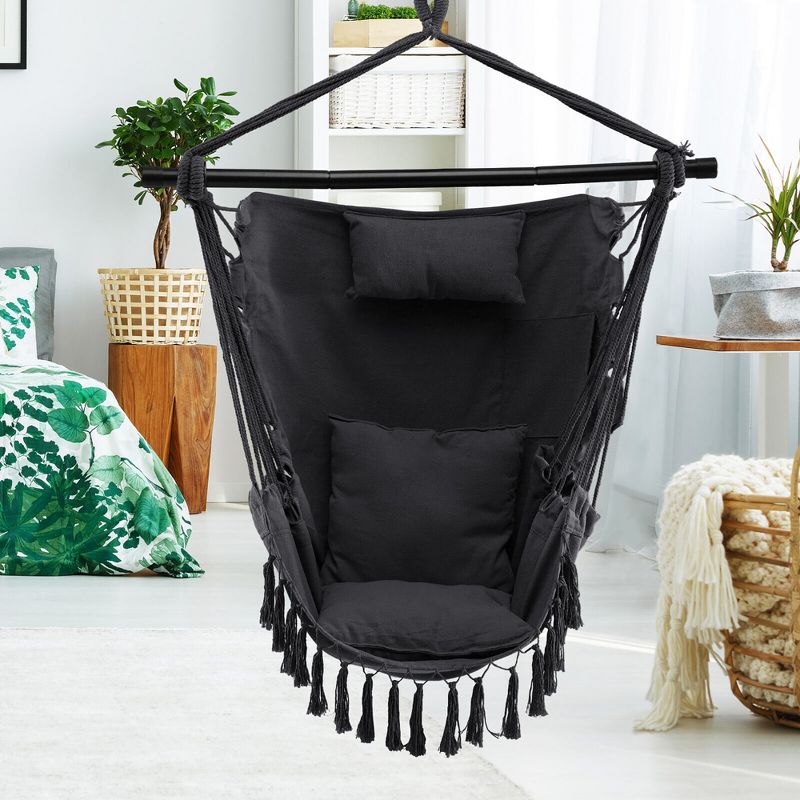 Tangkula Hammock Chair w/ Soft Pillow Cushions Pocket Hanging Rope Swing Steel Bar, 2 of 11