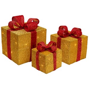 Northlight Set of 3 Gold and Red Gift Boxes with Bows Lighted Christmas Outdoor Decorations - 1 of 4
