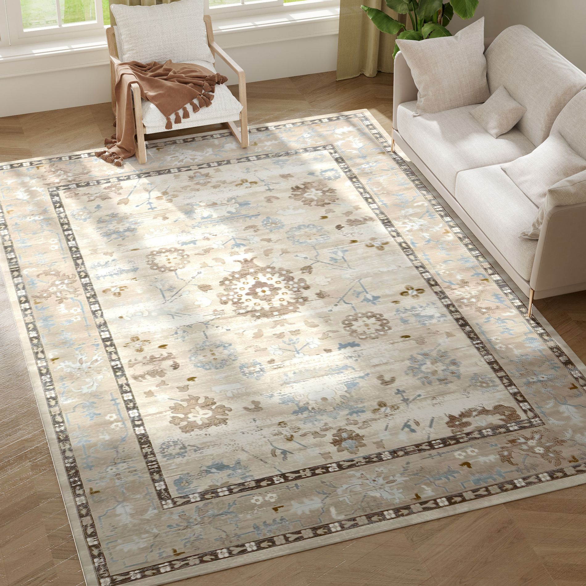 HOMCOM 6x9 Area Rug, Boho Machine Washable Area Rug for High Traffic Areas in Living Room, Bedroom, Dining Room, Kitchen, Blue