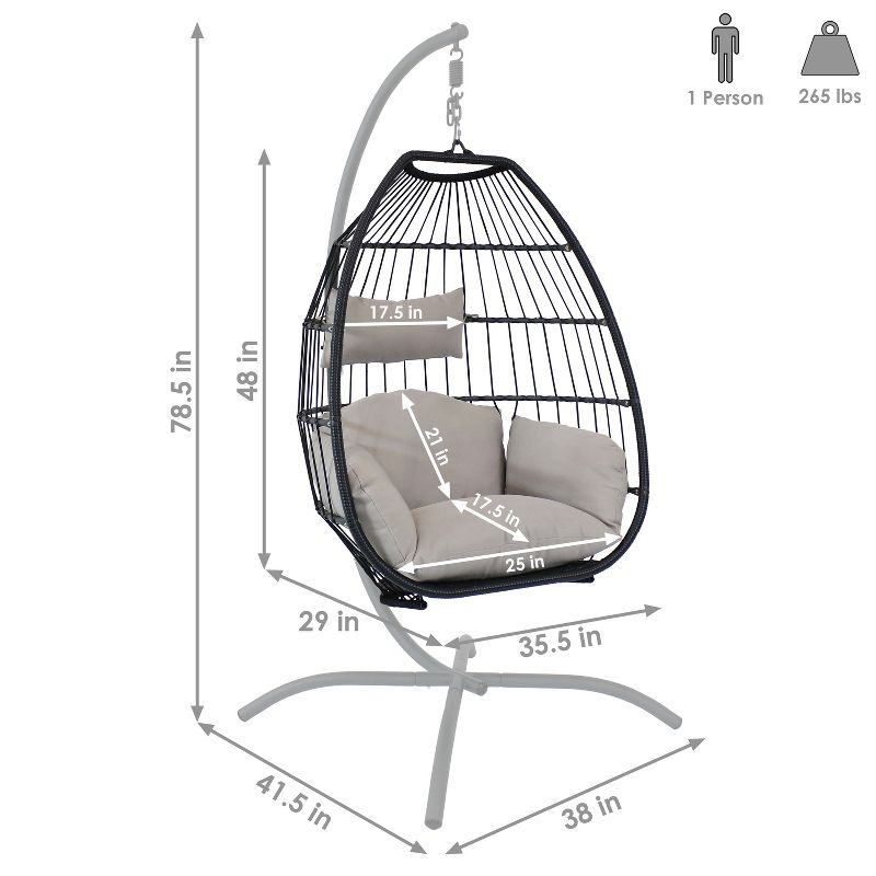Sunnydaze Outdoor Resin Wicker Patio Oliver Lounge Hanging Basket Egg Chair Swing with Cushions, Headrest, and Steel Stand Set - Gray - 3pc, 3 of 11