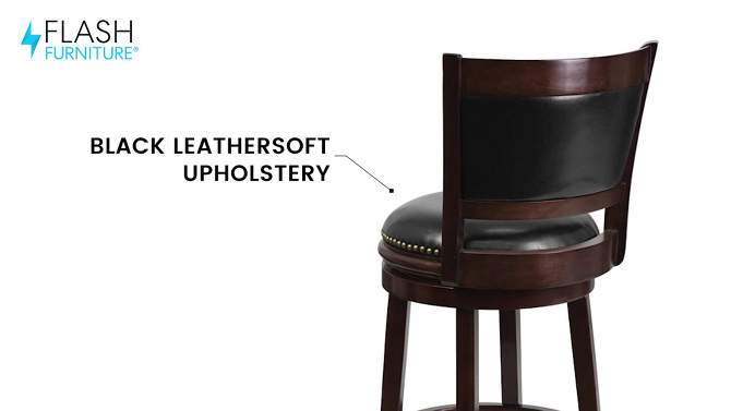 Flash Furniture 24'' High Cappuccino Wood Counter Height Stool with Panel Back and Black LeatherSoft Swivel Seat, 2 of 6, play video