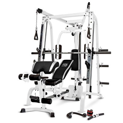 Marcy Pro Smith Cage Workout Machine Full Body Training Home Gym System with Leg Developer, Press Bar, Pec Deck, Cable Crossovers & Squat Rack, White