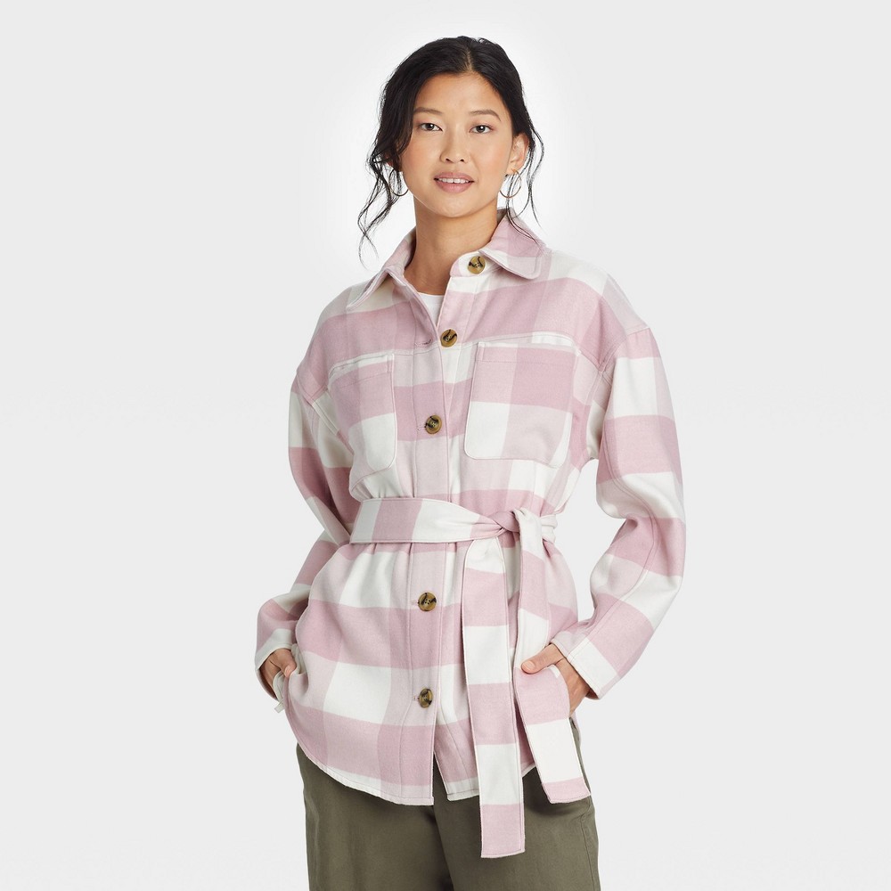 Women's Belted Shirt Jacket - A New Day Pink Check L