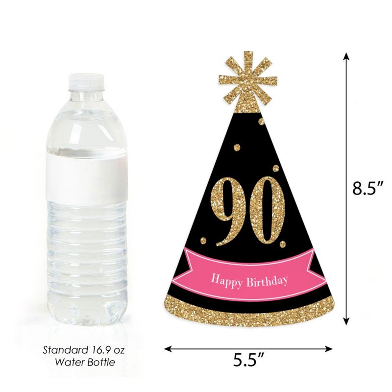 Big Dot of Happiness Chic 90th Birthday - Pink, Black and Gold - Cone Happy Birthday Party Hats for Adults - Set of 8 (Standard Size), 3 of 8
