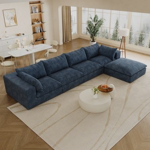GDFStudio Jocelyn Modern 4-Seater Corduroy Fabric and Feather-filled Upholstered L-Shaped Sectional Sofas with Ottoman - 1 of 4