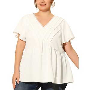 Agnes Orinda Women's Plus Size Summer V Neck Flare Short Sleeve Lace Pleated Peplum Blouses - 1 of 4