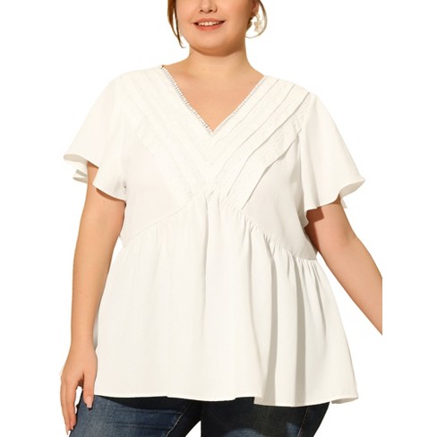 Agnes Orinda Women's Plus Size Blouse Short Sleeve V Neck Chambray Peplum  Top : Target