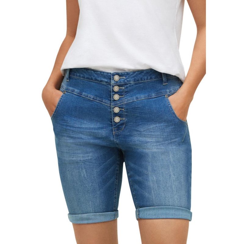 ellos Women's Plus Size Button-Front Denim Shorts, 1 of 2