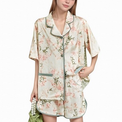 Anna-Kaci Lounge Women's Floral Print Pajama Set with Piping Trim and Button Front Short Sleeve Top