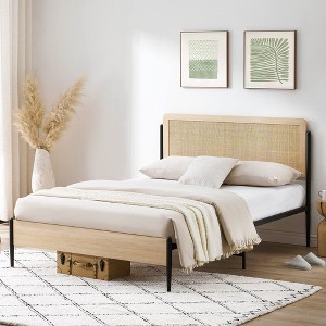 Bed Frame With Rattan Headboard, Boho Style Platform Bed Frame With Underbed Storage, Mattress Foundation Easy Assembly No Box Spring Needed,Full - 1 of 4
