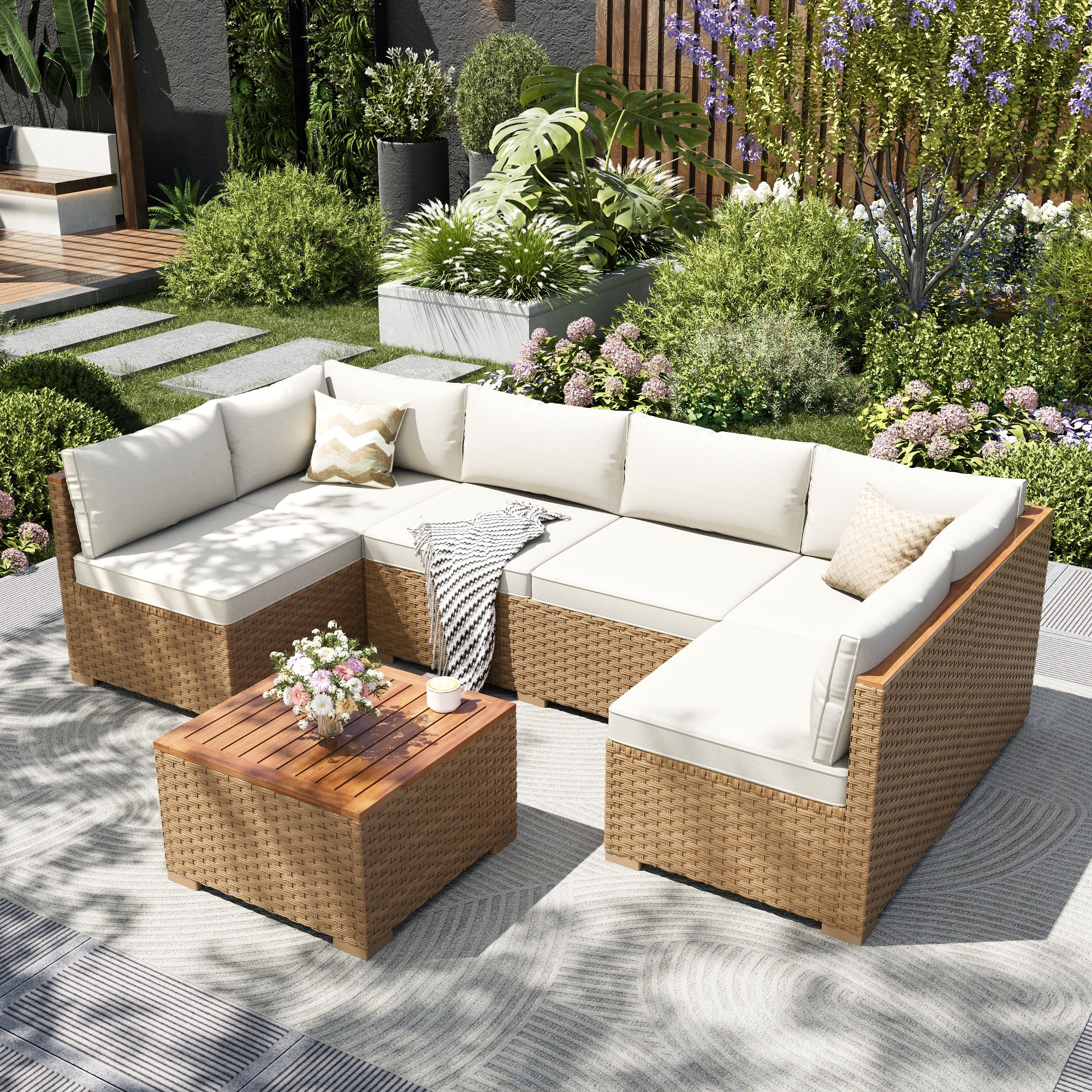 Captiva Designs Outdoor Sectional Wicker Rattan Conversation Set for Garden and Backyard 6-Piece