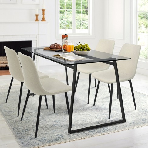 Mona Bingo 5 Piece Black Rectangular Clear Tempered Transparent Glass Table with 4 Beige Upholstered Side Chairs Maison Boucle