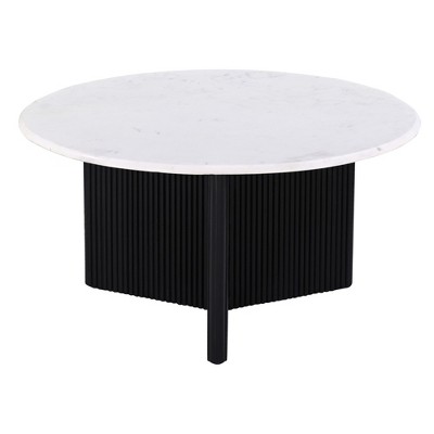 31" Marble Top Coffee Table with Solid Wood Pedestal Base, Modern Sofa Table for Living Room