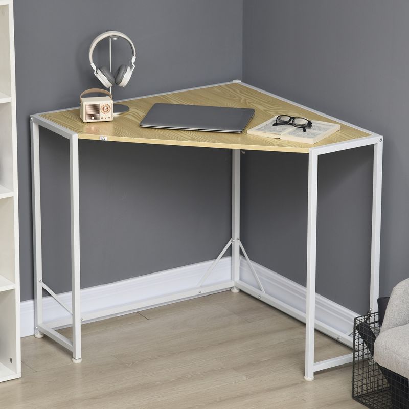 HOMCOM Space-Saving Small Corner Desk & Triangle Vanity Table, Computer Desk with Metal Frame, Writing Desk Corner Office Desk Workstation, 3 of 7