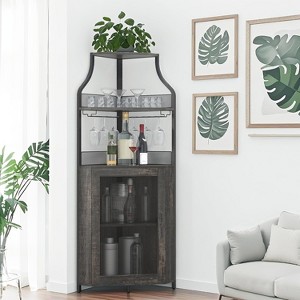 CuisinSmart Corner Wine Bar Cabinet with Detachable Wine Rack, Bar Cabinet with Glass Holder, Small Sideboard and Buffet Cabinet with Mesh Door - 1 of 4