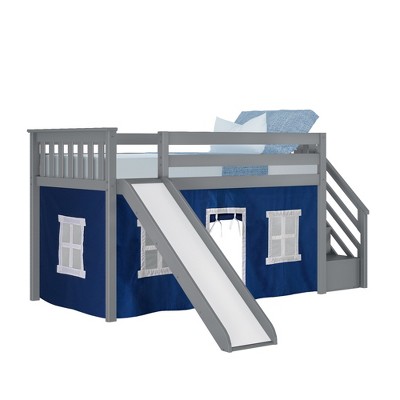 Max & Lily Twin Low Loft Bed With Stairs And Slide With Blue Curtains