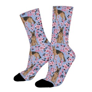 German Shepherd Dog Cherry Blossoms Women Printed Crew Socks Funny Funky Socks Soft Polyester Novelty Gifts for Artists Men - 1 of 1