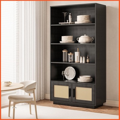 5 Tier Boho Wooden Bookcase with Rattan Doors, Tall Open Shelf Book Stand with Storage