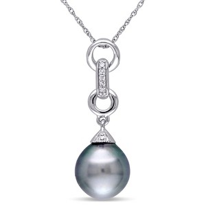 EVERLY JEWELRY | 10K White Gold 9.5 - 10 MM Platinum Tahitian Cultured Pearl and Diamond Circle Link Pendant with Chain - 17 inch - 1 of 4