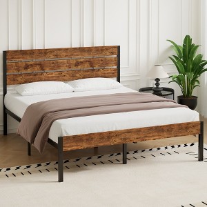 VECELO Platform Bed Frame With Rustic Vintage Wood Headboard and Footboard, Sturdy Metal Slats, No Box Spring Required - 1 of 4
