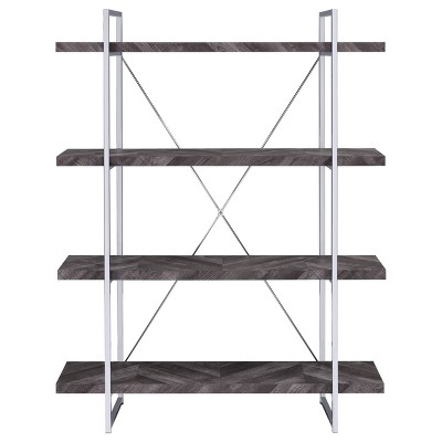Grimma 47'' Rustic Gray Herringbone and Chrome Bookshelf