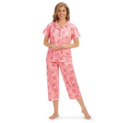 Collections Etc Short Sleeve Button-Front Abstract Floral Capris Pajama Set