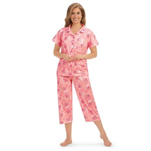 Collections Etc Short Sleeve Button-Front Abstract Floral Capris Pajama Set - 1 of 4
