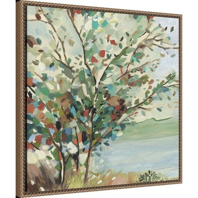 Vibrant Tree Branch Landscape Canvas Print with Brown Frame