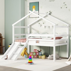 Whisen Twin Low Loft House Bed with Slide, Ladder, Safety Guardrails, House Roof Frame - 1 of 4
