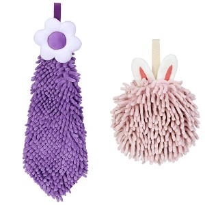 REGALWOVEN 2 Packs Soft Absorbent Flower Pattern Chenille Hand Towel with Loop 6" x 15"/7" x 7" - 1 of 4