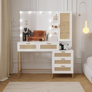 Modern Makeup Vanity Desk with Lights, White Vanity Table with 10 Led Light Bulbs & Power Outlet, Large Storage Shelves and Drawers Makeup Table - 1 of 4