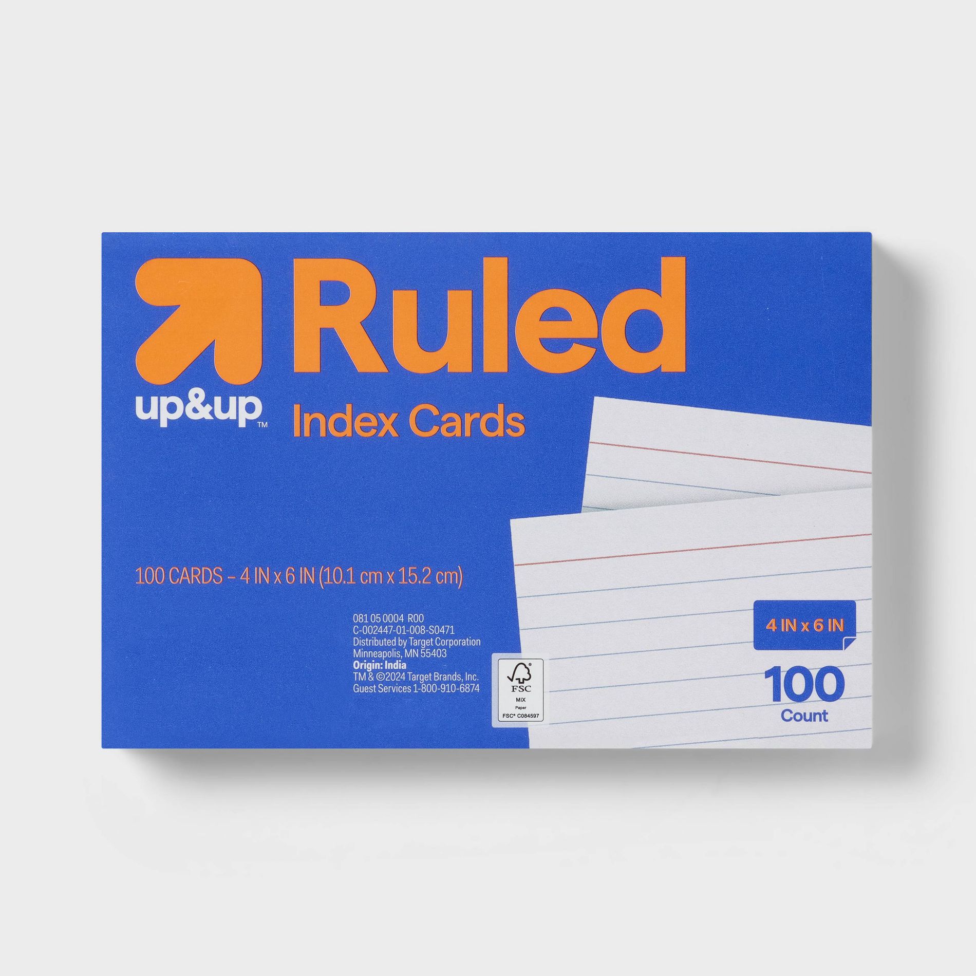 100ct 4" x 6" Ruled Index Cards White - up&up™: College Rule, Uncoated, 72 lb, Paper Basics, 4x6 Note Card Size
