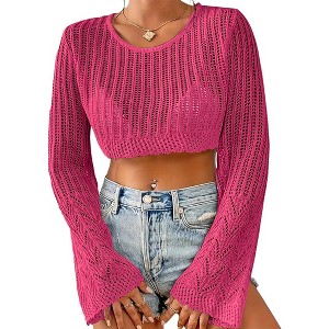 Womens Long Sleeve Summer Knitted Cropped Casual Hollow Sweater Top - 1 of 1