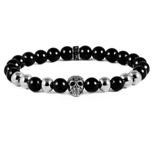 Crucible Men's Polished Skull and Black Onyx Stone Bead Stretch Bracelet (8mm) - 1 of 4