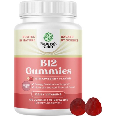 B12 Gummies, Sugar Free Vitamin B12 for Adults Energy, Focus, Immunity, & Nerve Support, Strawberry Flavor, Nature's Craft, 120ct