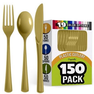 Exquisite Solid Color Plastic Utensil Cutlery Set Forks Spoons Knives- 150 Pack - 1 of 4