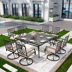 Captiva Designs 9pc Spacious Slat-top Square Metal Table with Umbrella Hole & Swivel Steel Chairs - 1 of 4