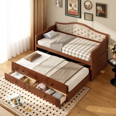 Lycvki Twin Wooden Sofa Bed with Trundle and 2 Storage Drawers,