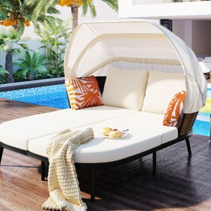 Outdoor Patio Daybed, Patio Daybed with Retractable Canopy, PE Wicker Back Loveseat Sofa Set with Pillows and Cushions-Coolbibila - 1 of 4