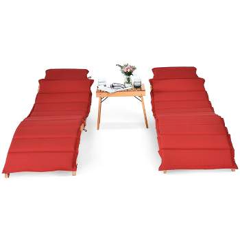 Tangkula 3 PCS Folding Eucalyptus Lounge Chair & Table Set w/ Double-sided Cushion