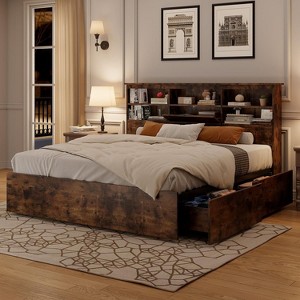 Wooden Platform Bed Frame with Bookshelf Headboard and 4 Drawers, No Box Spring Needed, Strong Metal Support, Noise-Free Storage. - 1 of 4