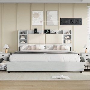 AMERLIFE Bed Frame with 4 Storage Drawers and Bookcase Headboard - 1 of 4