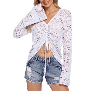 WhizMax Women's Long Sleeve Drawstring Hollow Out Knit Top - 1 of 4