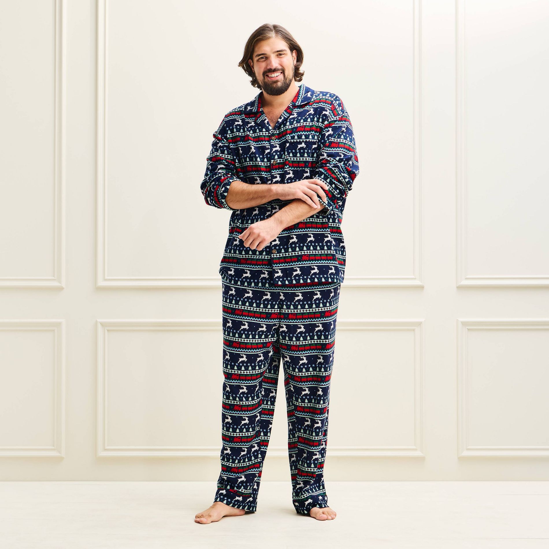 Men's Holiday Reindeer Fair Isle Flannel Matching Family Pajama Set - Wondershop™ Navy Blue